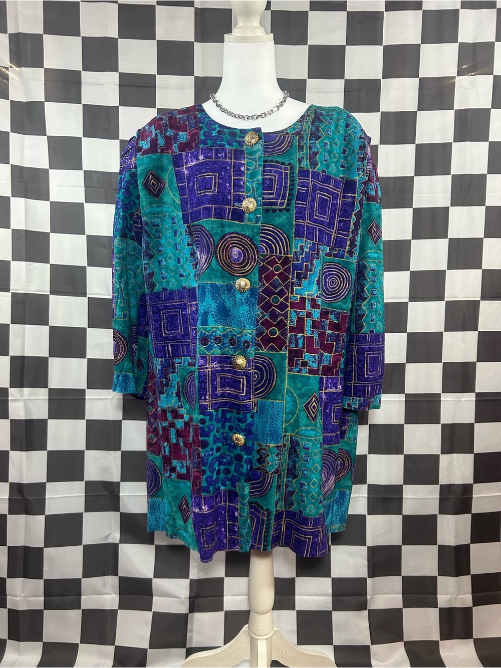 Vintage 90s Teal & Purple Geometric Button up blouse